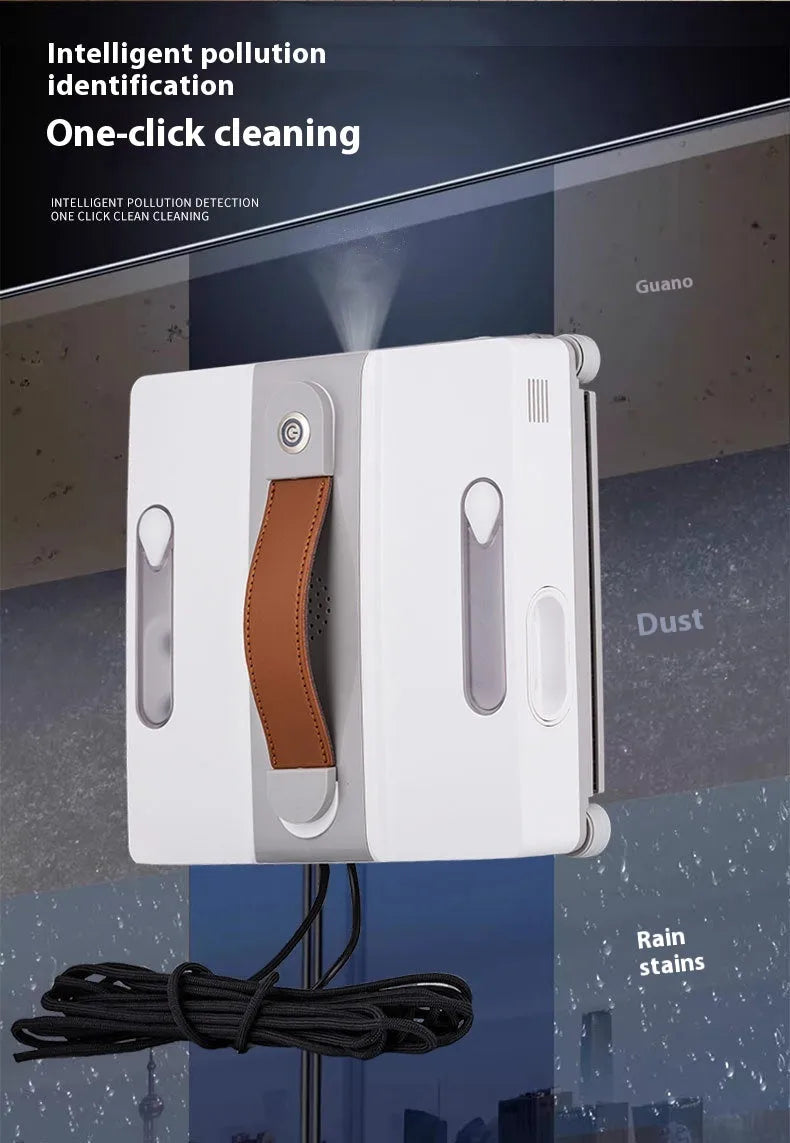 White electric window cleaning robot with four water spray jets for automated high-rise window washing