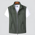 Men's striped waterproof vest with multiple pockets and hood in khaki colour