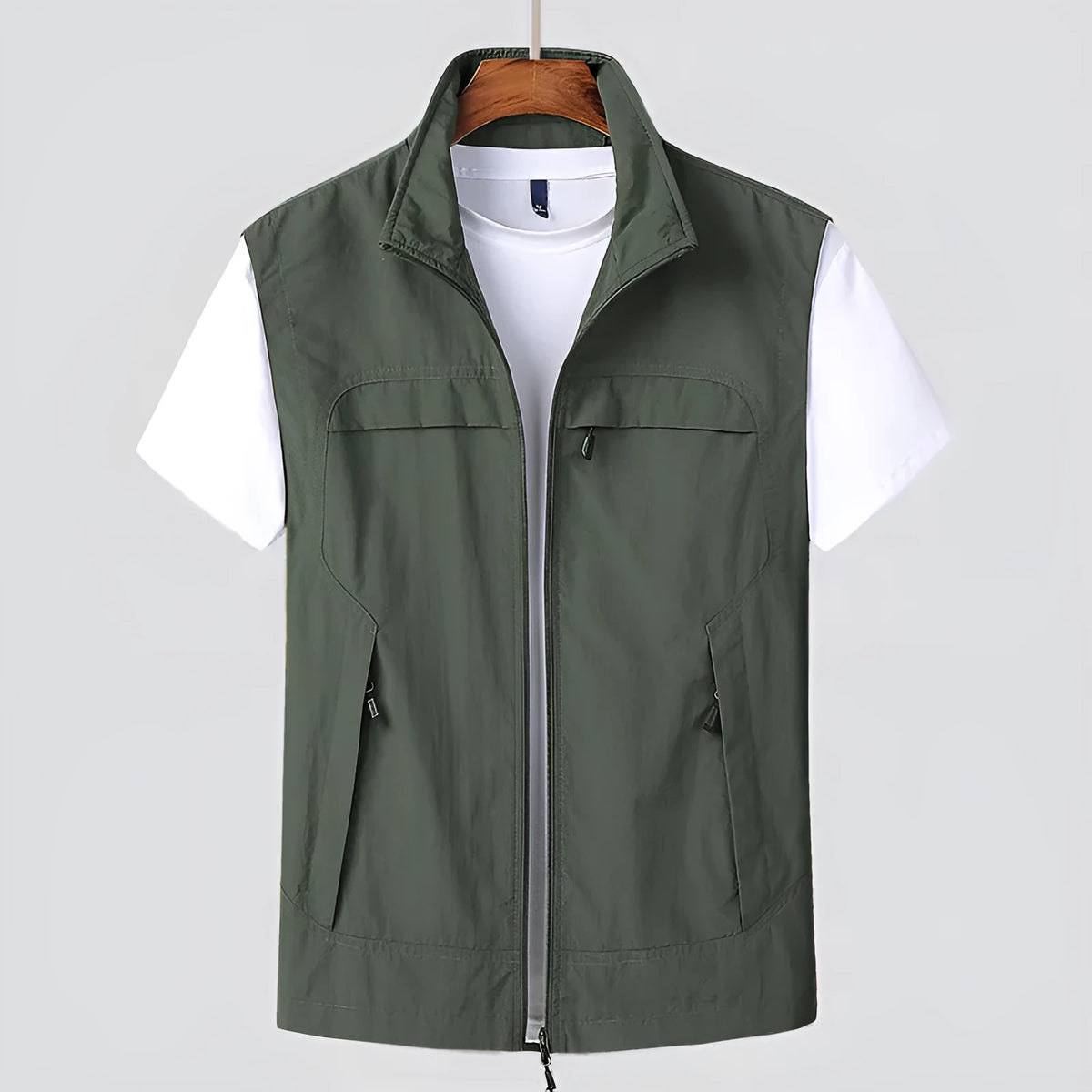 Men's striped waterproof vest with multiple pockets and hood in khaki colour