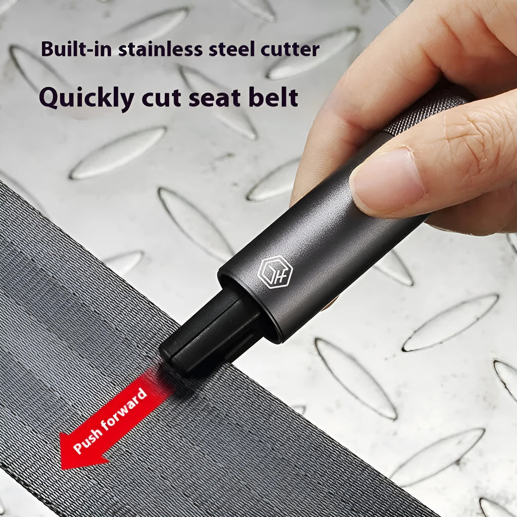 Gun grey aluminium automotive safety hammer with window breaker and seatbelt cutter on 3M adhesive base