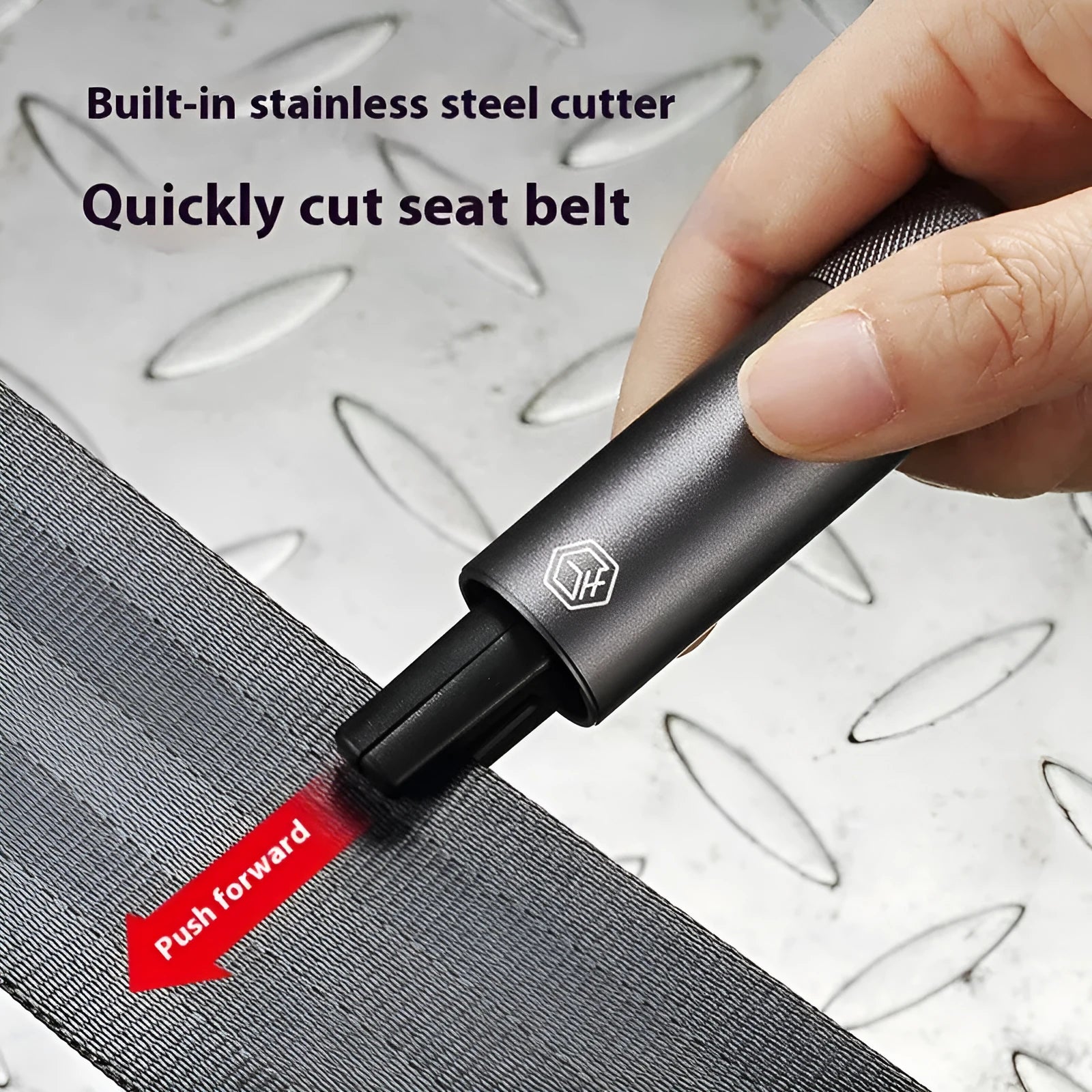 Gun grey aluminium automotive safety hammer with window breaker and seatbelt cutter on 3M adhesive base