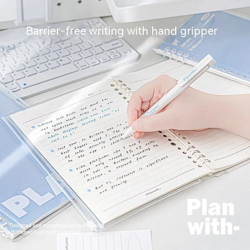 Clear A5 PVC spiral binder organiser for loose papers, shown in blue and white colour options.