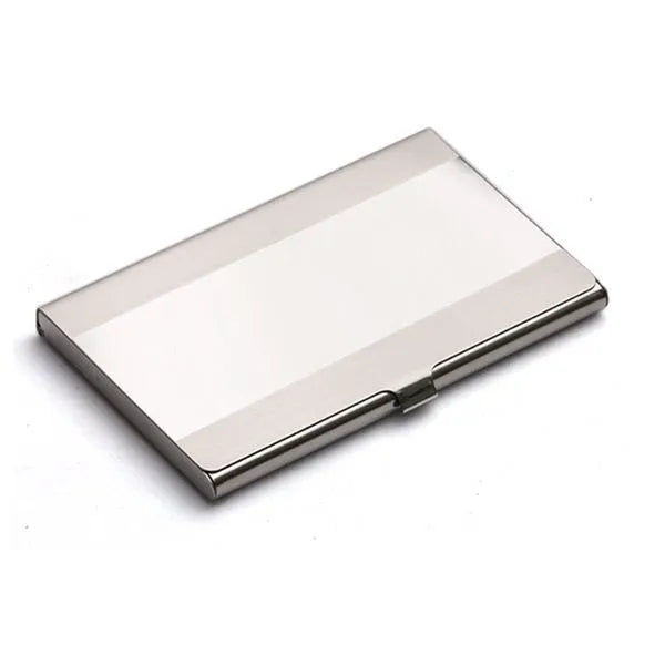 304 stainless steel business card case with laser-sculpted geometric pattern showing horizontal format