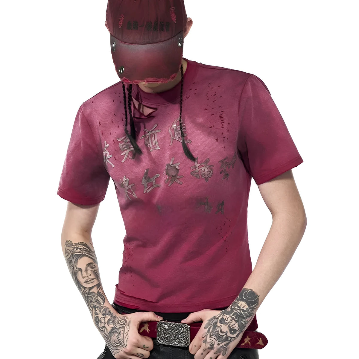 Red men's slim fit T-shirt with distressed texture and short sleeves