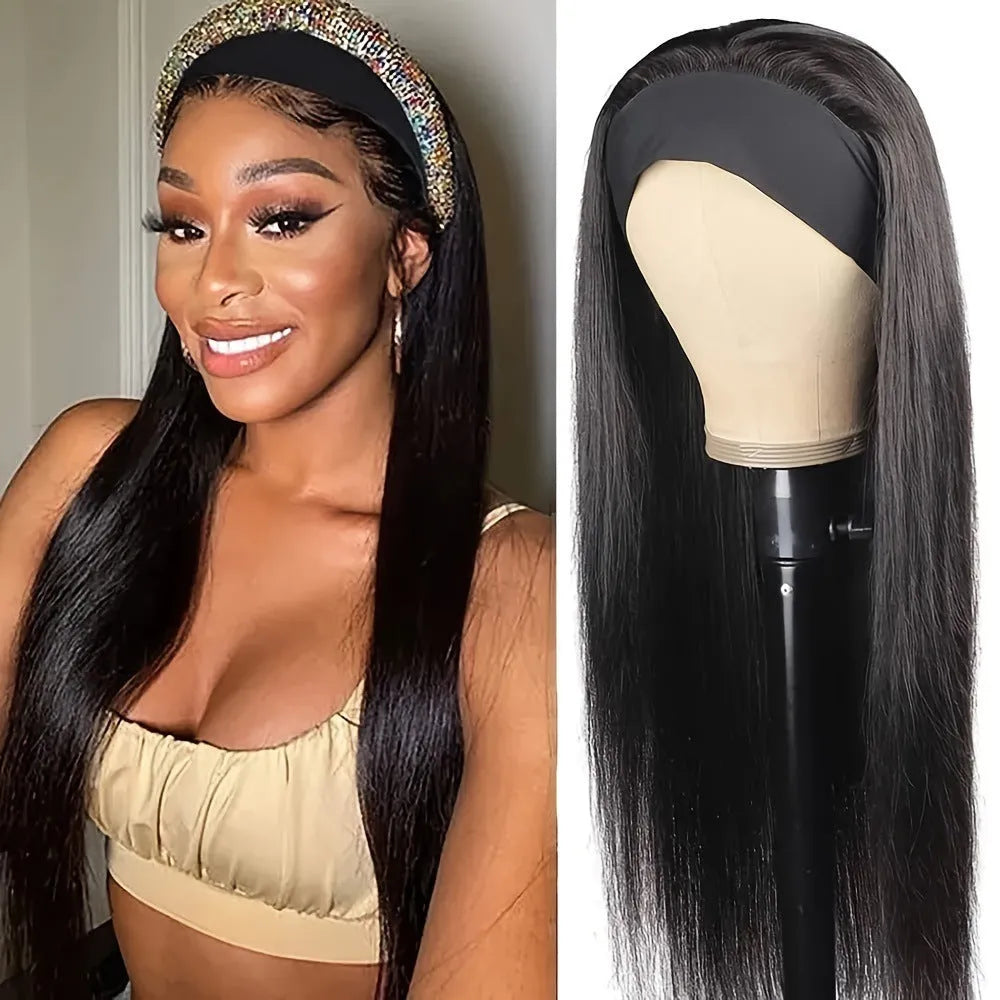 Long headband wig in black straight, black curly, and wine red synthetic hair styles