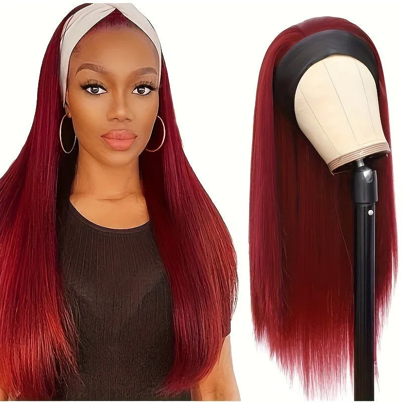 Long headband wig in black straight, black curly, and wine red synthetic hair styles