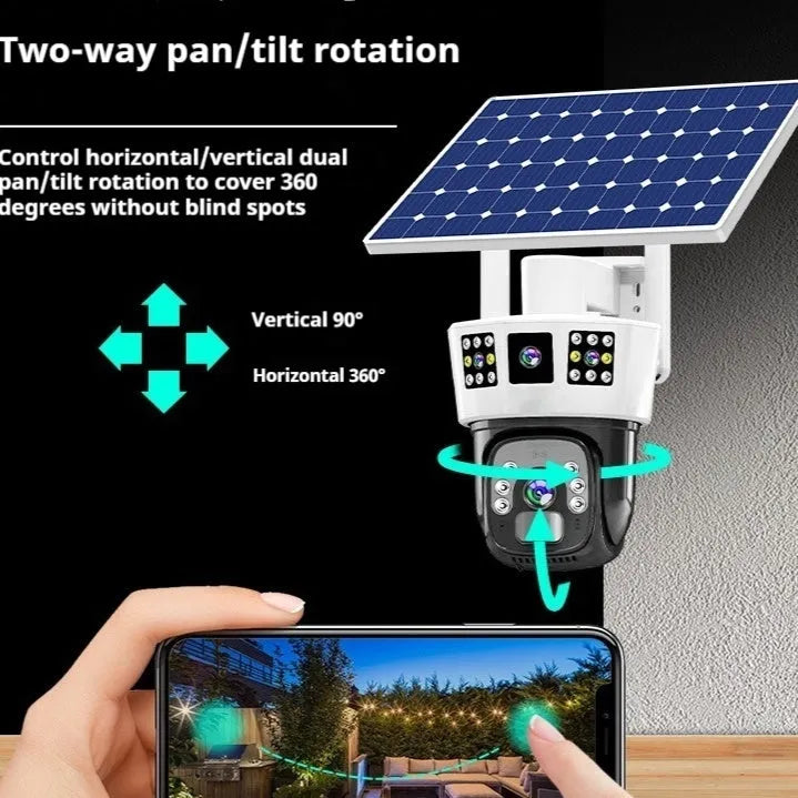 Solar-powered outdoor security camera with three-screen surveillance display and solar panel