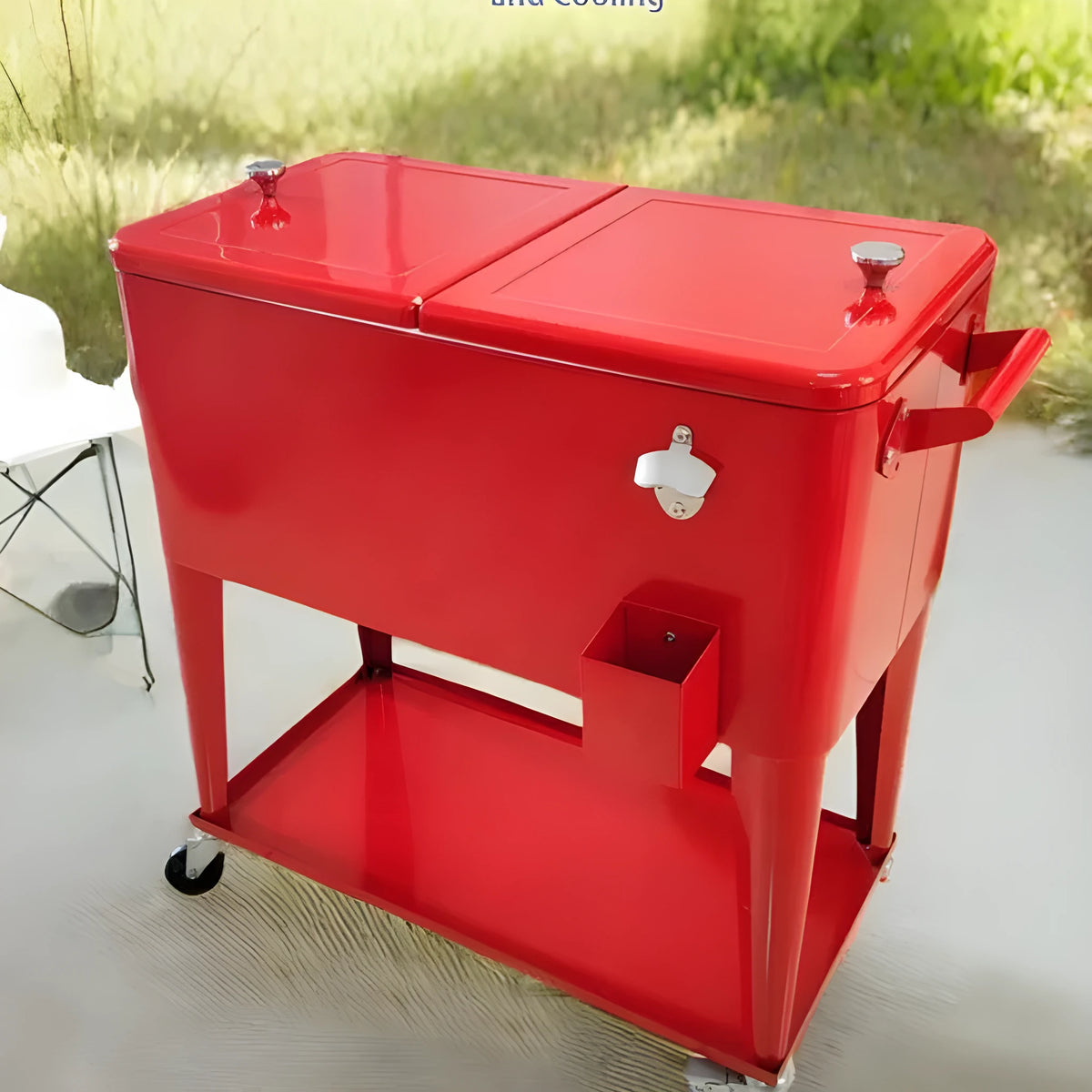 Red metal insulated picnic trolley with wheels and handle, 750ml capacity
