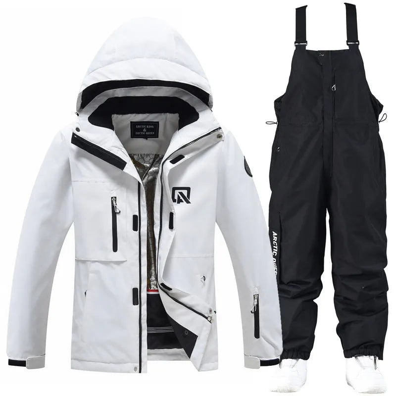 Men's and women's waterproof ski suit in blue with black trousers for winter snow sports