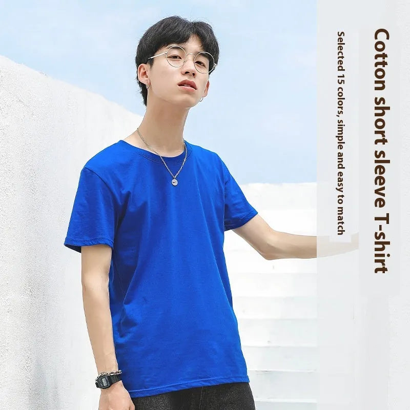 Men's round neck cotton T-shirt with short sleeves in solid colour