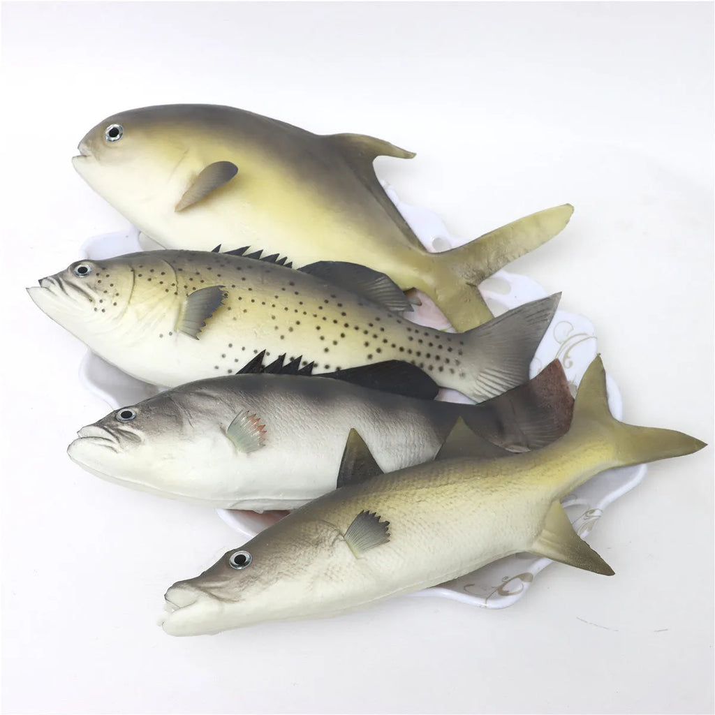 PU simulated fish ornament set showing yellow-fin tuna, flower fish, and small yellow croaker marine models