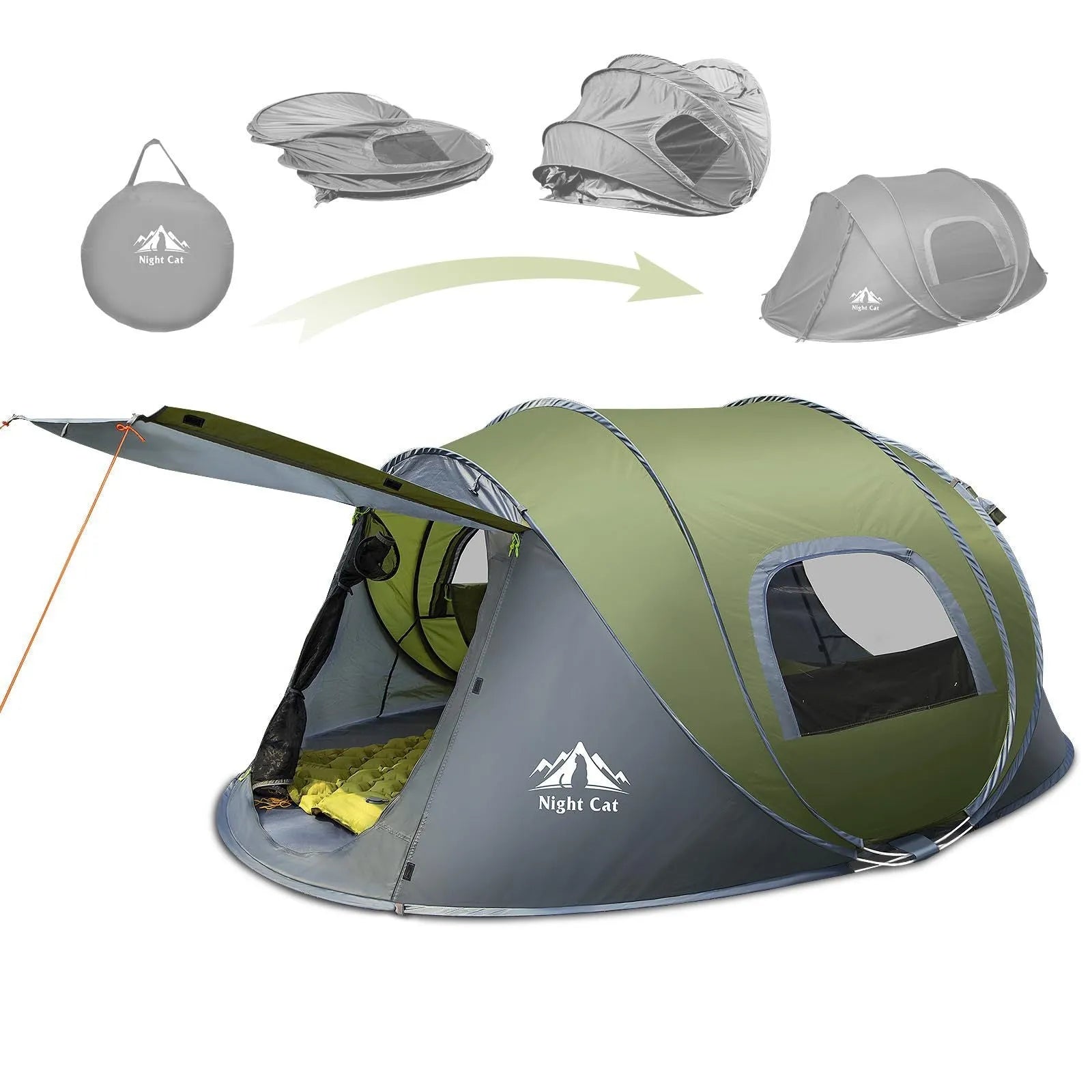 Dark green automatic instant setup two-person camping tent with waterproof rainfly