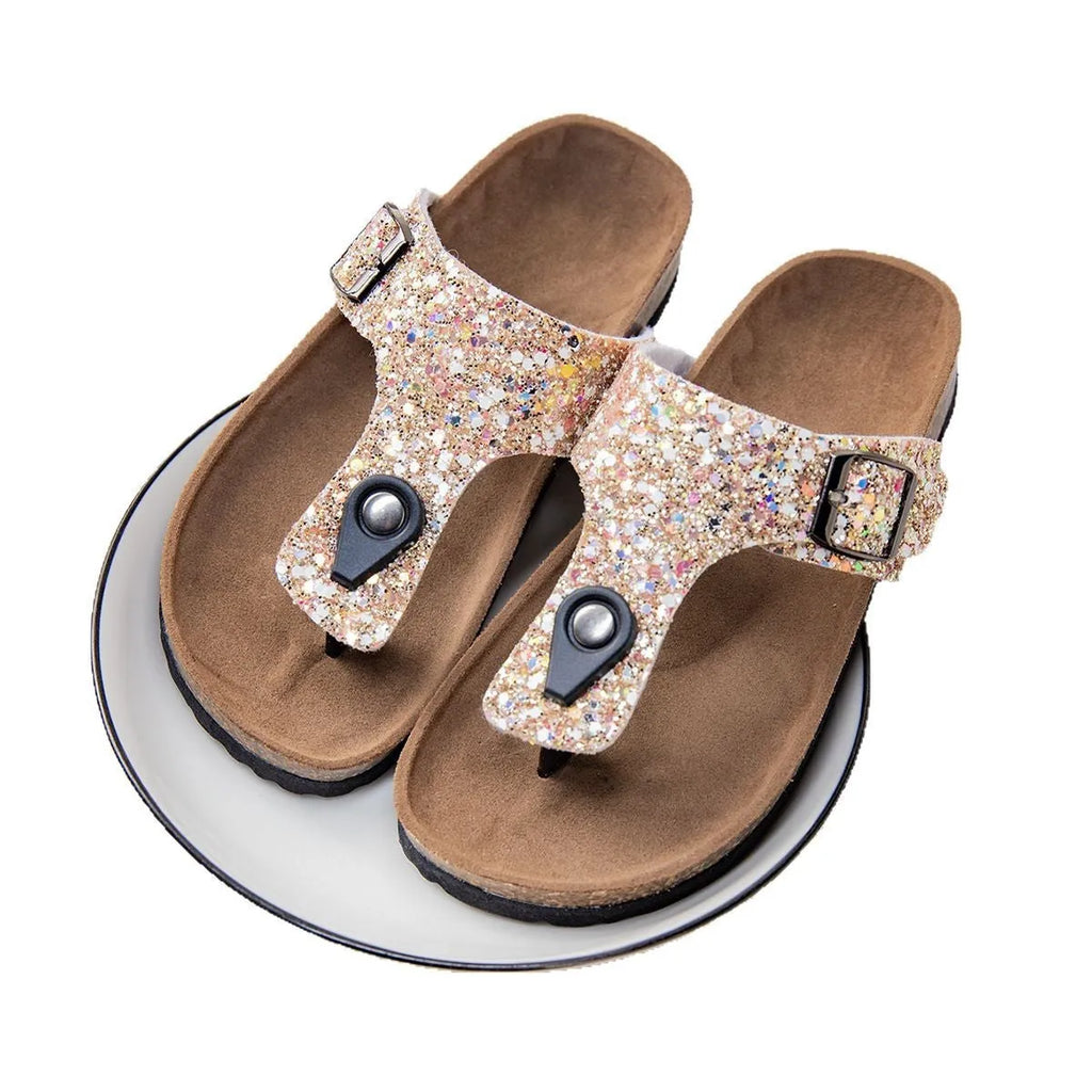 Gold pink silver cork flip-flops couples beach sandals with frosted artificial leather upper and PVC sole