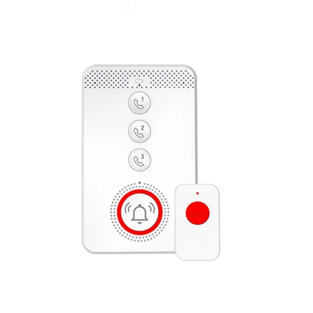 White emergency alert device with buzzer and three portable buttons for elderly care