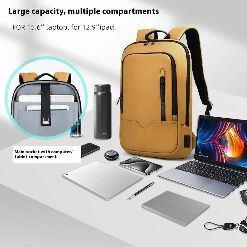 Lightweight polyester commuter backpack with USB interface available in 14 and 17 inch sizes in solid colours