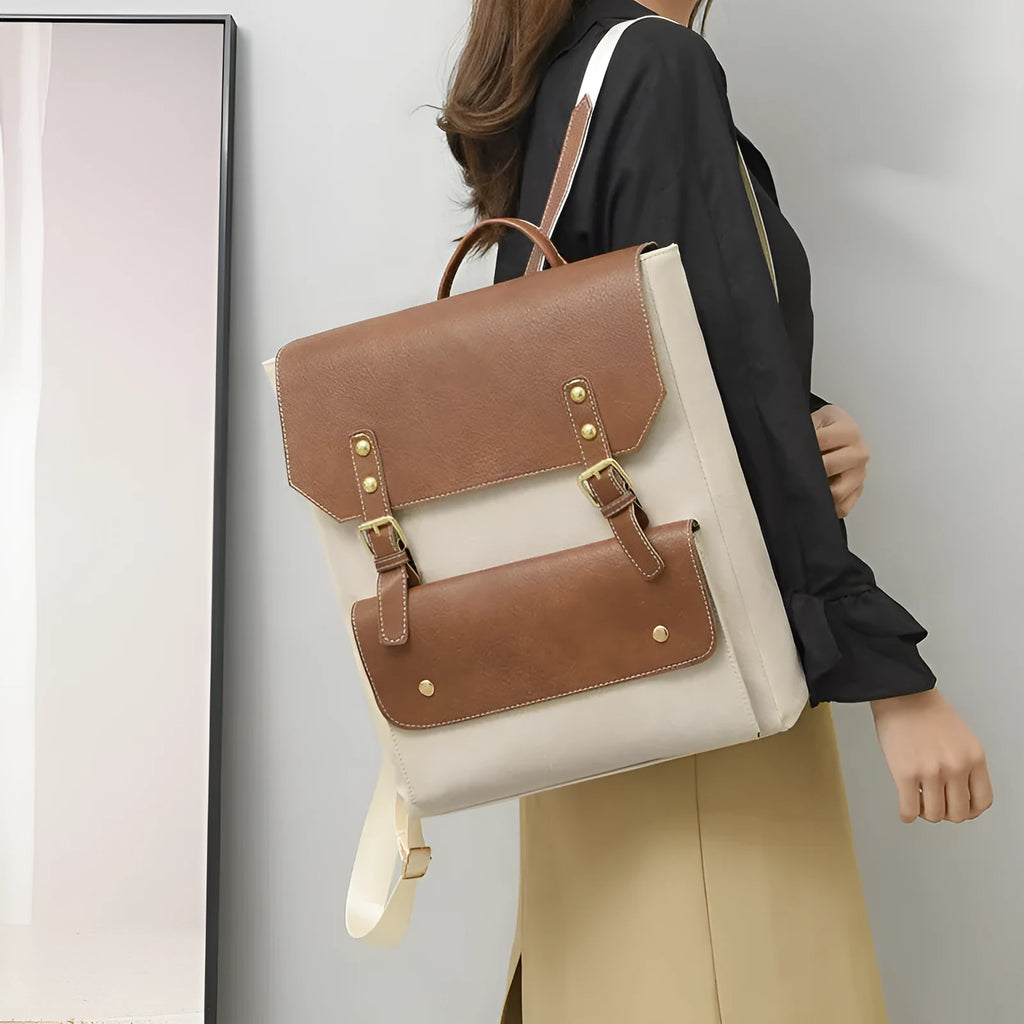 Korean style soft PU retro backpack shown in black, brown, creamy white, and dark brown.