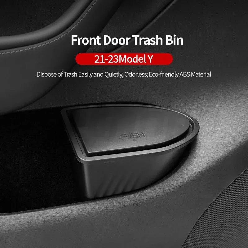 Two black waterproof ABS trash cans for Tesla Model Y front door pockets