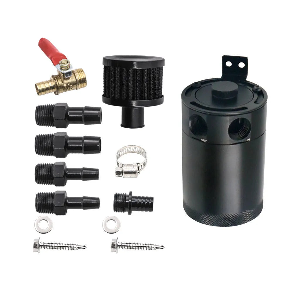 Automotive aluminium oil pot with two-hole breathable design and oil-free valve in black finish