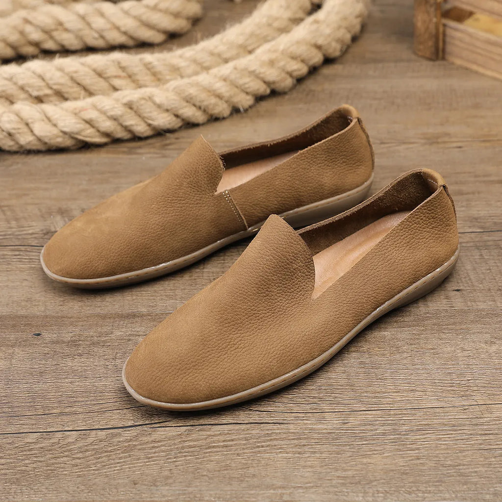 Handmade men's casual shoes in khaki and grey colours with cowhide leather construction and flat wedge heel