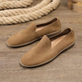 Handmade men's casual shoes in khaki and grey colours with cowhide leather construction and flat wedge heel