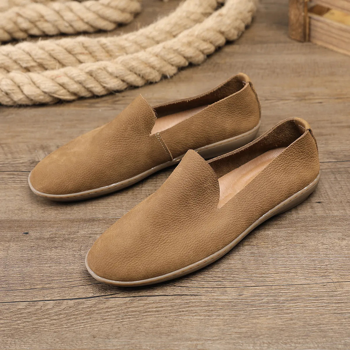 Handmade men's casual shoes in khaki and grey colours with cowhide leather construction and flat wedge heel