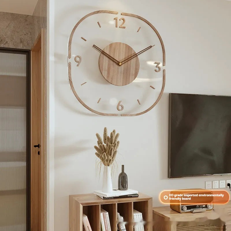 Modern round transparent wall clock with a wooden frame, measuring 35cm by 35cm.