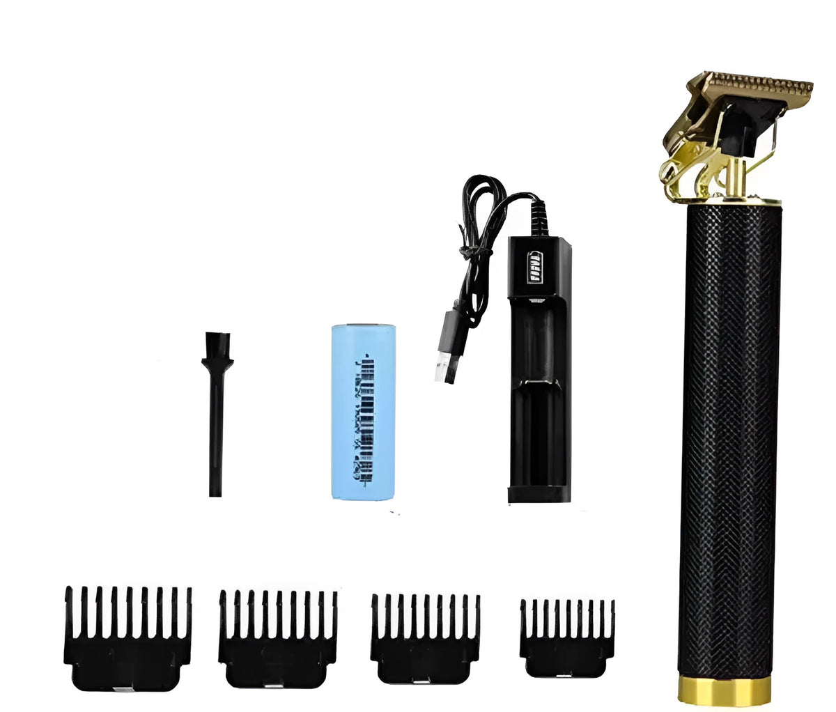 Black rechargeable electric hair clipper with four plastic guide combs and a cleaning brush on a white background