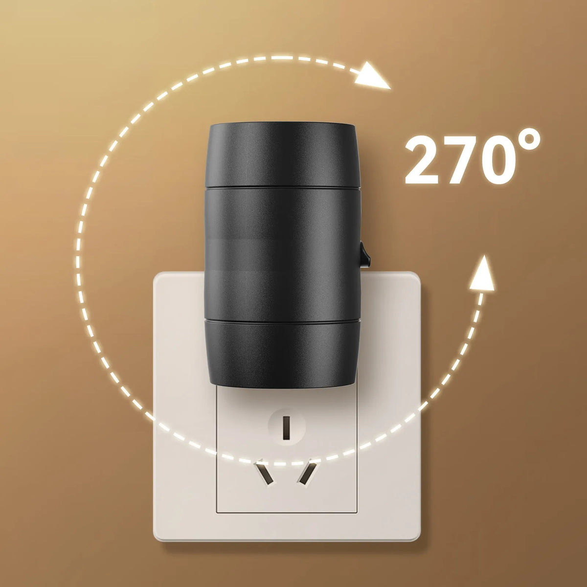 Small white plug-in night light with adjustable dial and rotatable head shown in a UK power socket.