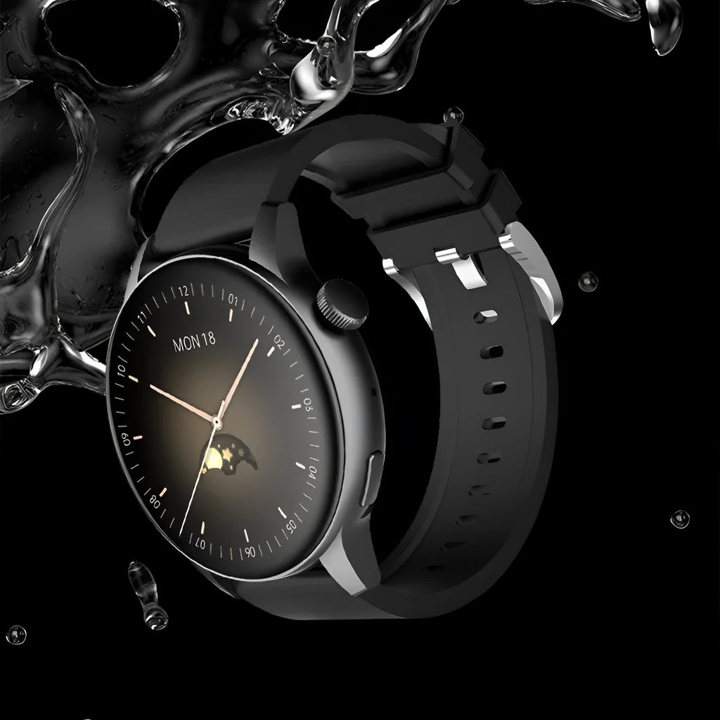 Smartwatch with a round colour screen and stainless steel case, shown in black, pink, and silver colour options.