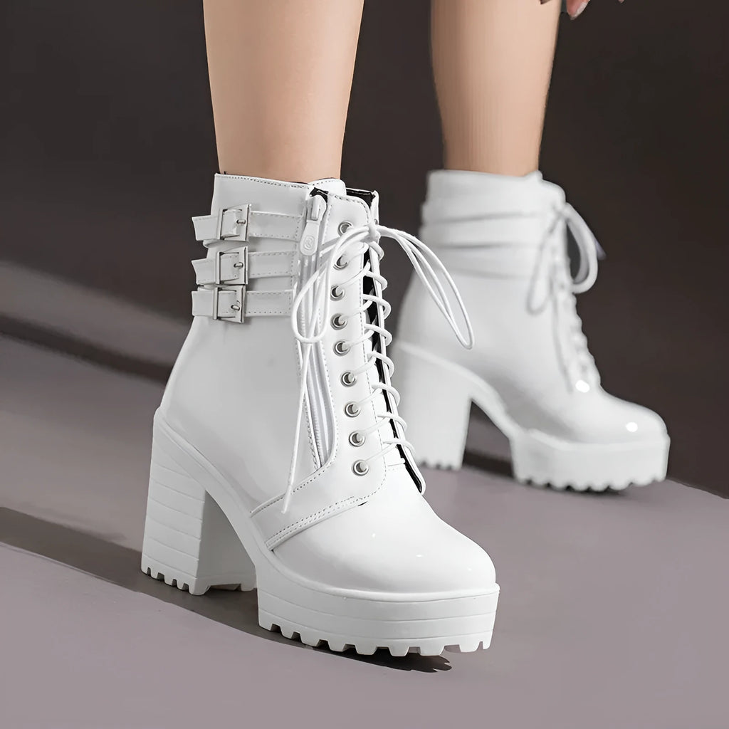 Women's black ankle boots with 6-8cm heel, waterproof platform, and front lace-up design