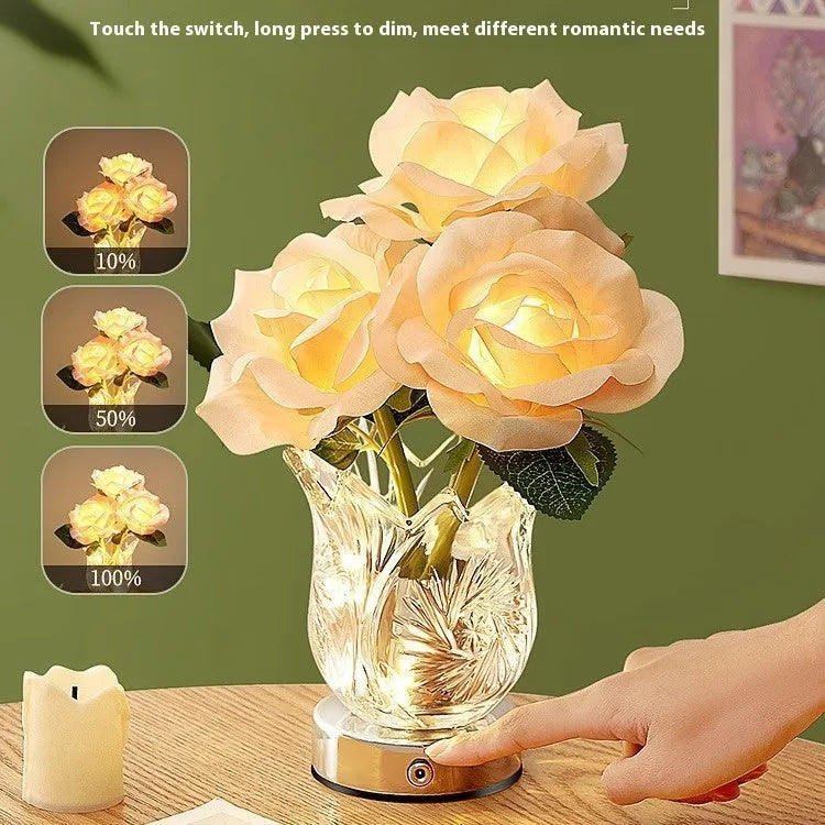 Modern clear crystal flowers USB rechargeable table lamp with touch dimming control on a wooden surface.
