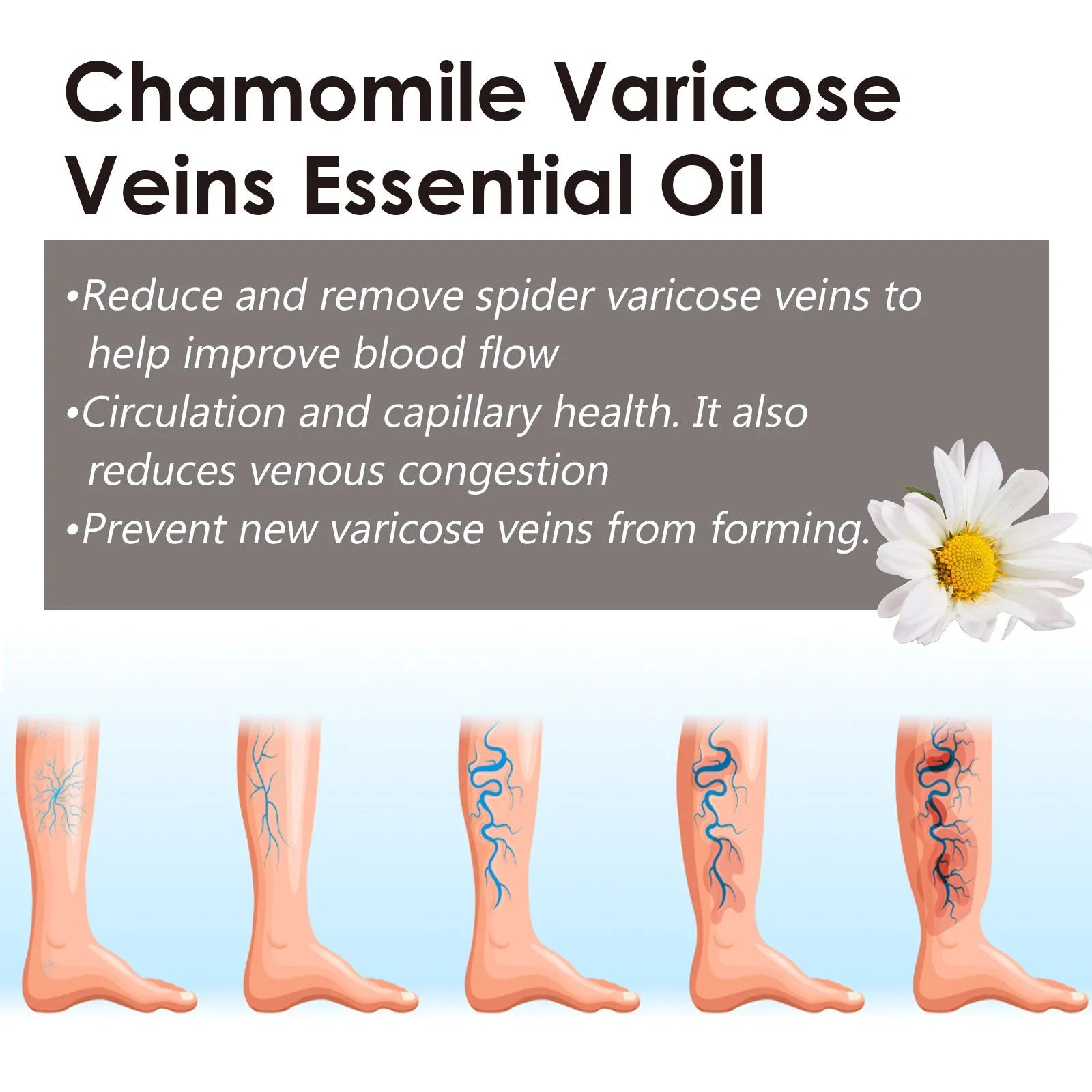 Chamomile leg essential oil bottle with 10ml net content for skin care and discomfort relief