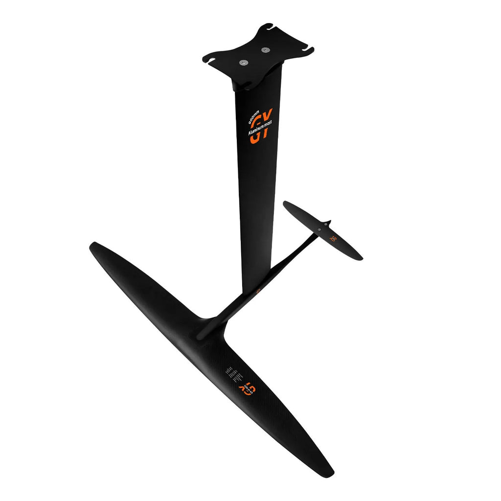 Black aluminium alloy and carbon fibre unpowered hydrofoil surfboard with large front wing.