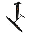 Black aluminium alloy and carbon fibre unpowered hydrofoil surfboard with large front wing.