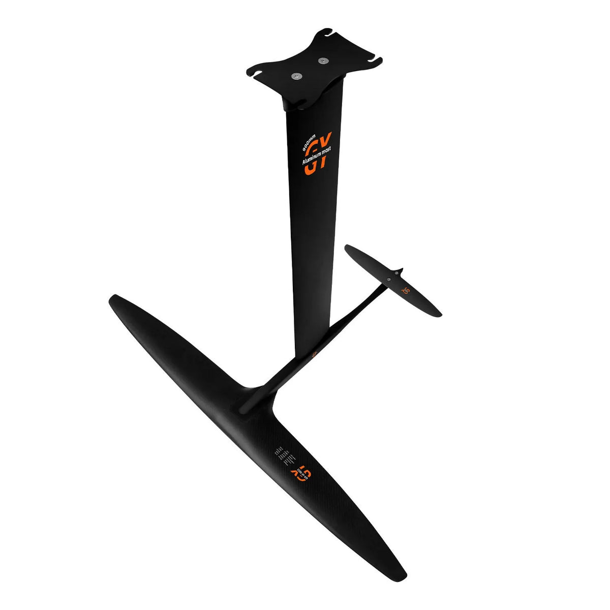 Black aluminium alloy and carbon fibre unpowered hydrofoil surfboard with large front wing.