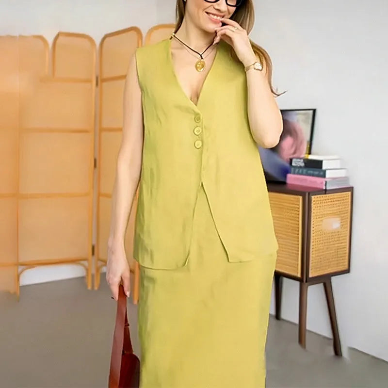 Women's white vest and long skirt two-piece casual suit set on hanger
