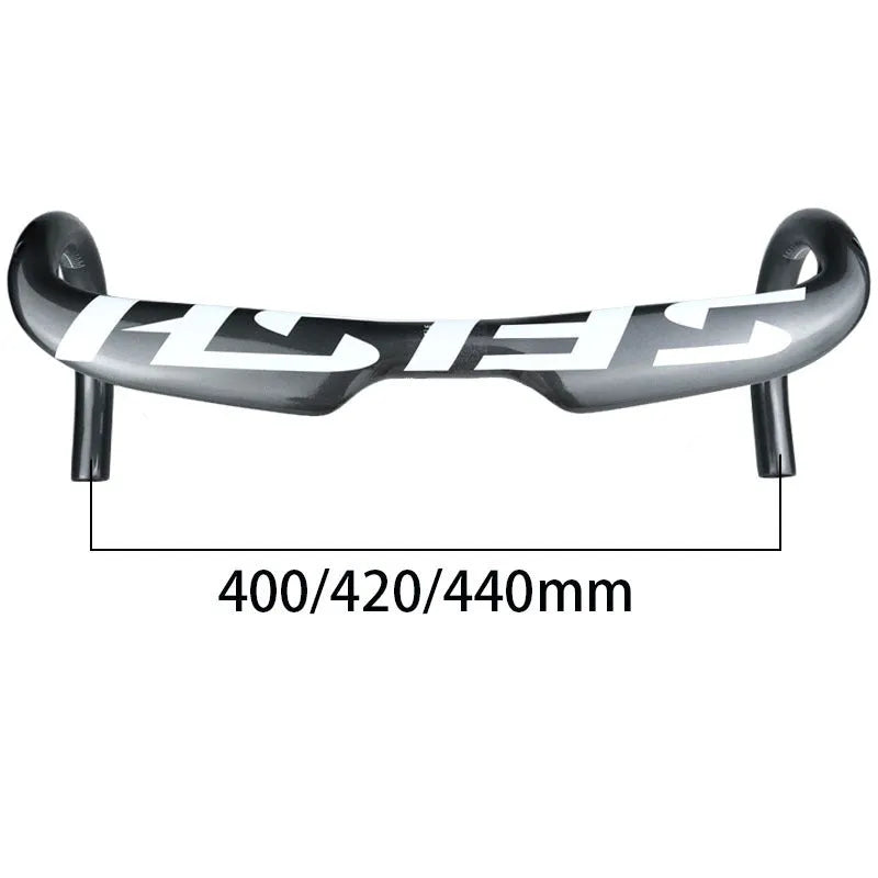 Carbon fibre road bicycle drop handlebar showing ergonomic shape, available in multiple widths.
