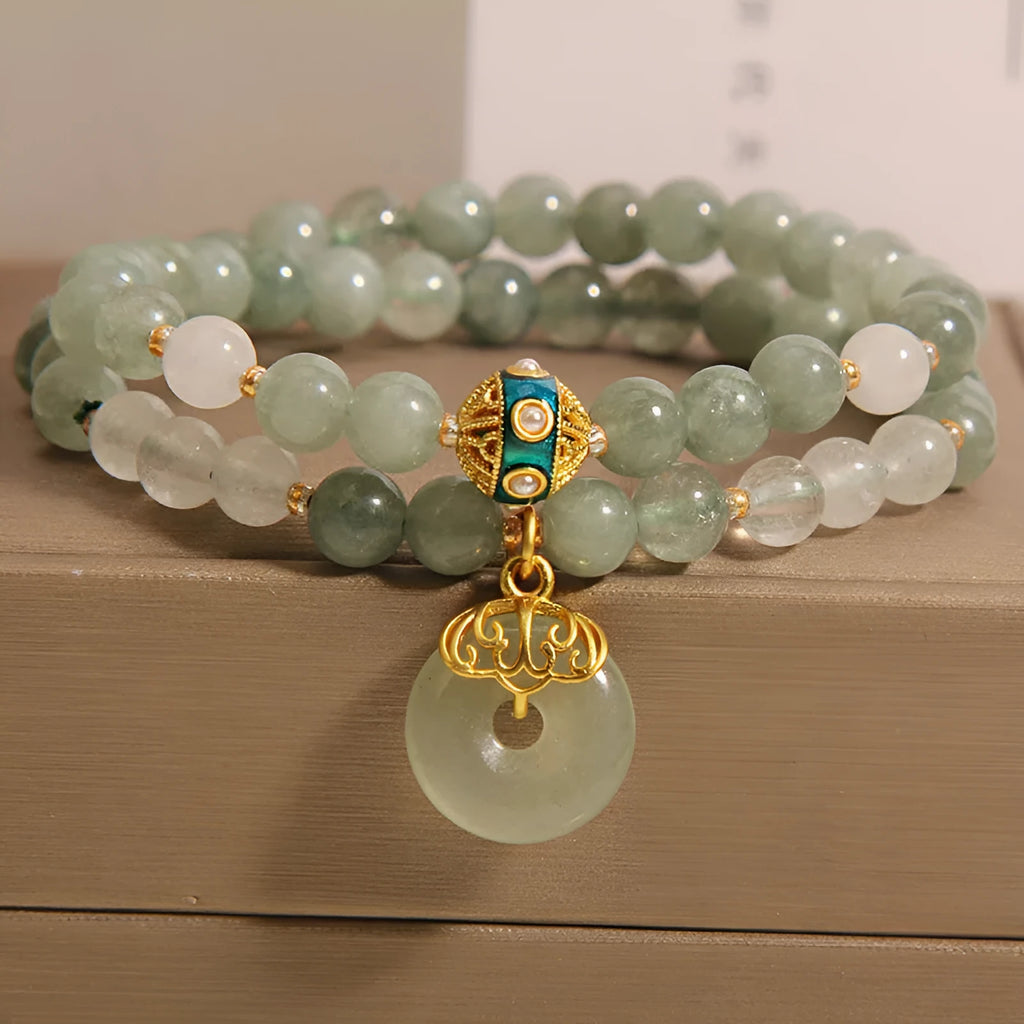 Women's double-layer aventurine crystal bracelet with oil green stones and rhinestone decoration