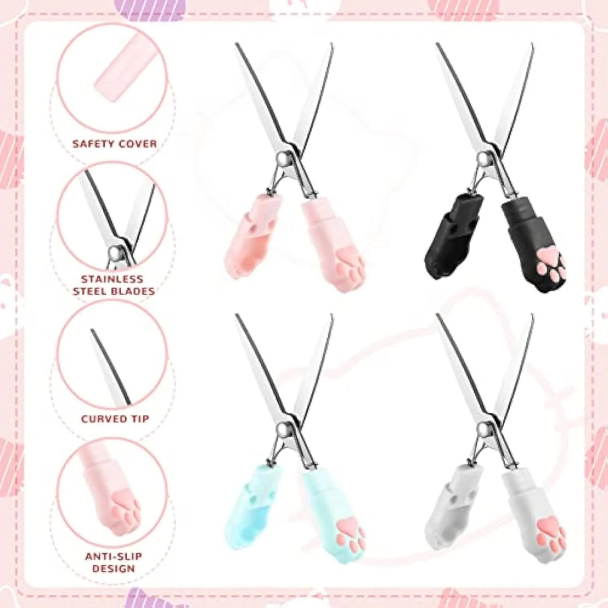 Cat paw design mini folding scissors in four colour options with stainless steel blades
