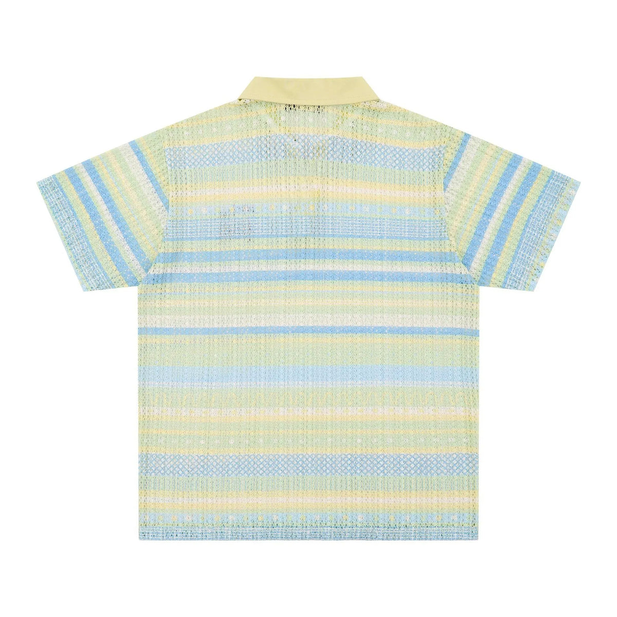 Man wearing a blue loose-fit printed casual shirt with short sleeves.