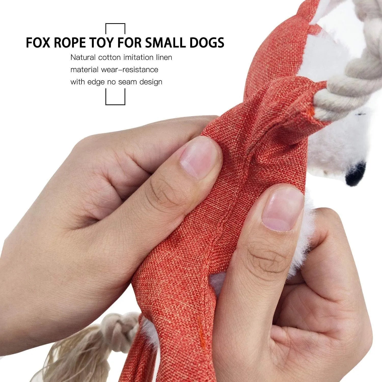 Brown fox-shaped plush dog toy with squeaker, crinkle paper, and cotton ropes in limbs.