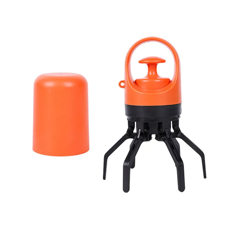 Blue and orange portable pet pooper scooper claw tools with built-in waste bag dispensers.