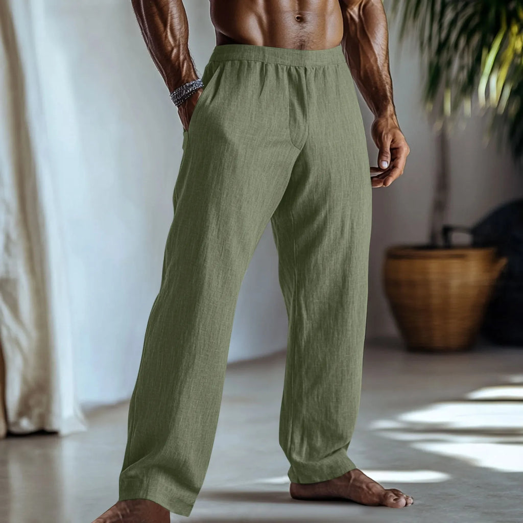 Straight-leg cotton linen casual trousers in light green colour, showing five-pocket design.