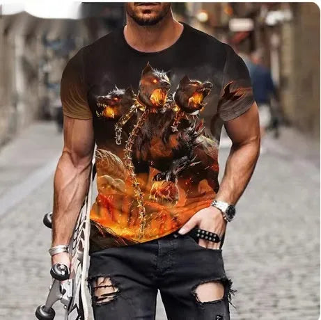 Men's grey T-shirt with a raised 3D lion head print on the chest, showcasing texture and detail.