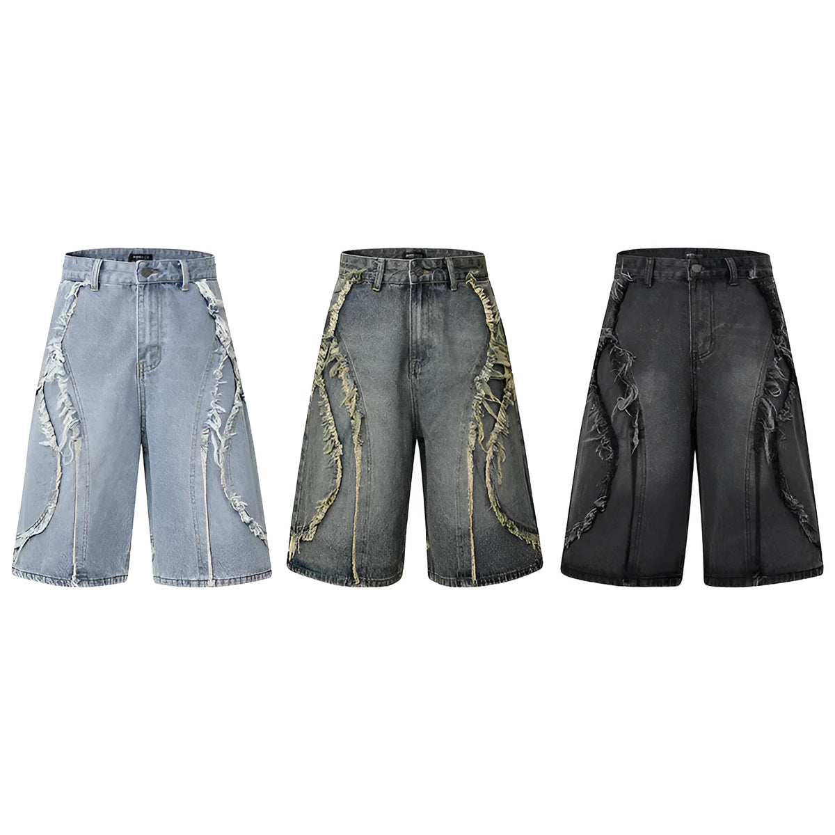 Distressed raw edge denim shorts in a straight-leg cropped fit on a hanger.
