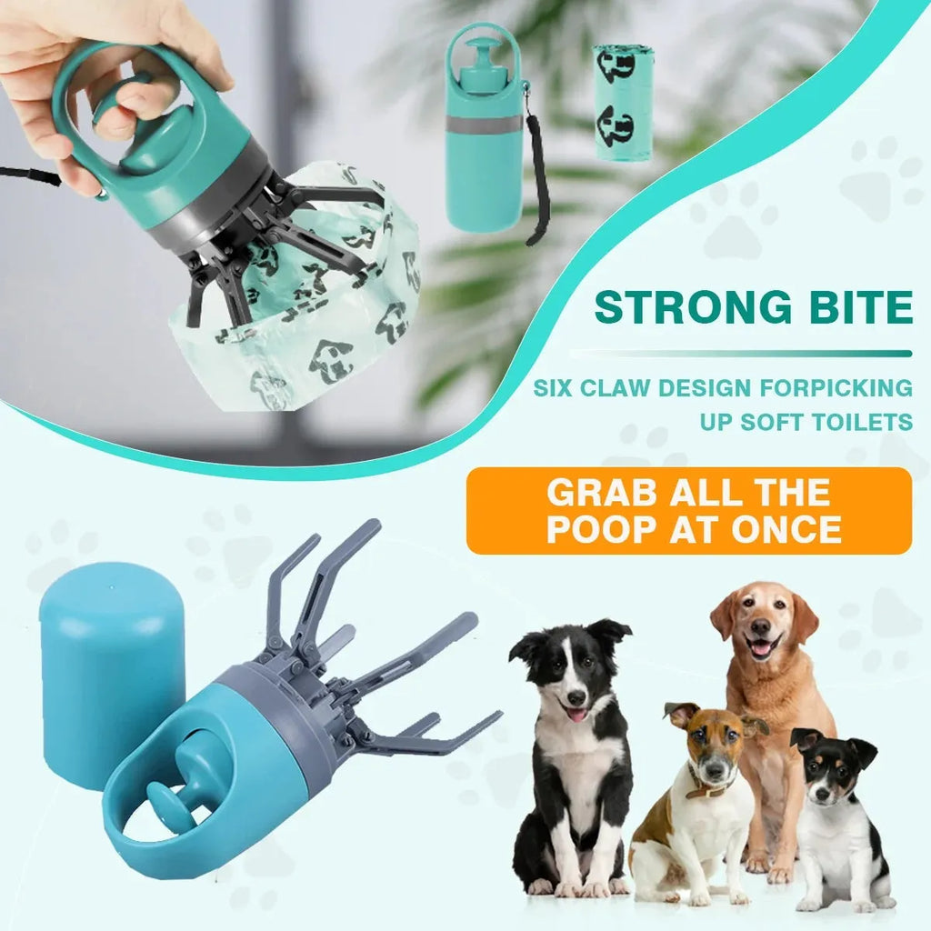 Blue and orange portable pet pooper scooper claw tools with built-in waste bag dispensers.