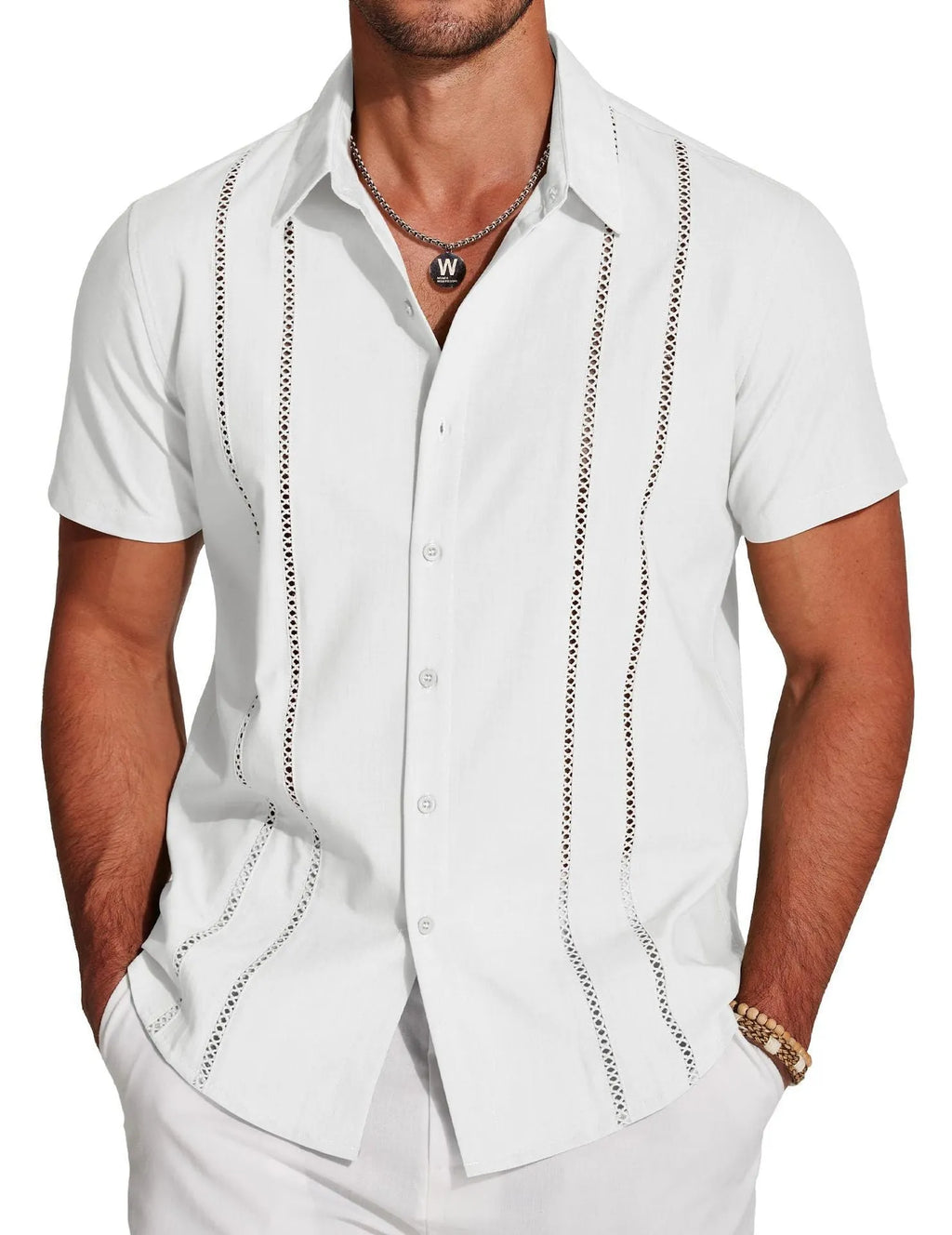 Men's slim fit Hawaiian short sleeve shirt with digital print pattern on elastic polyester fabric