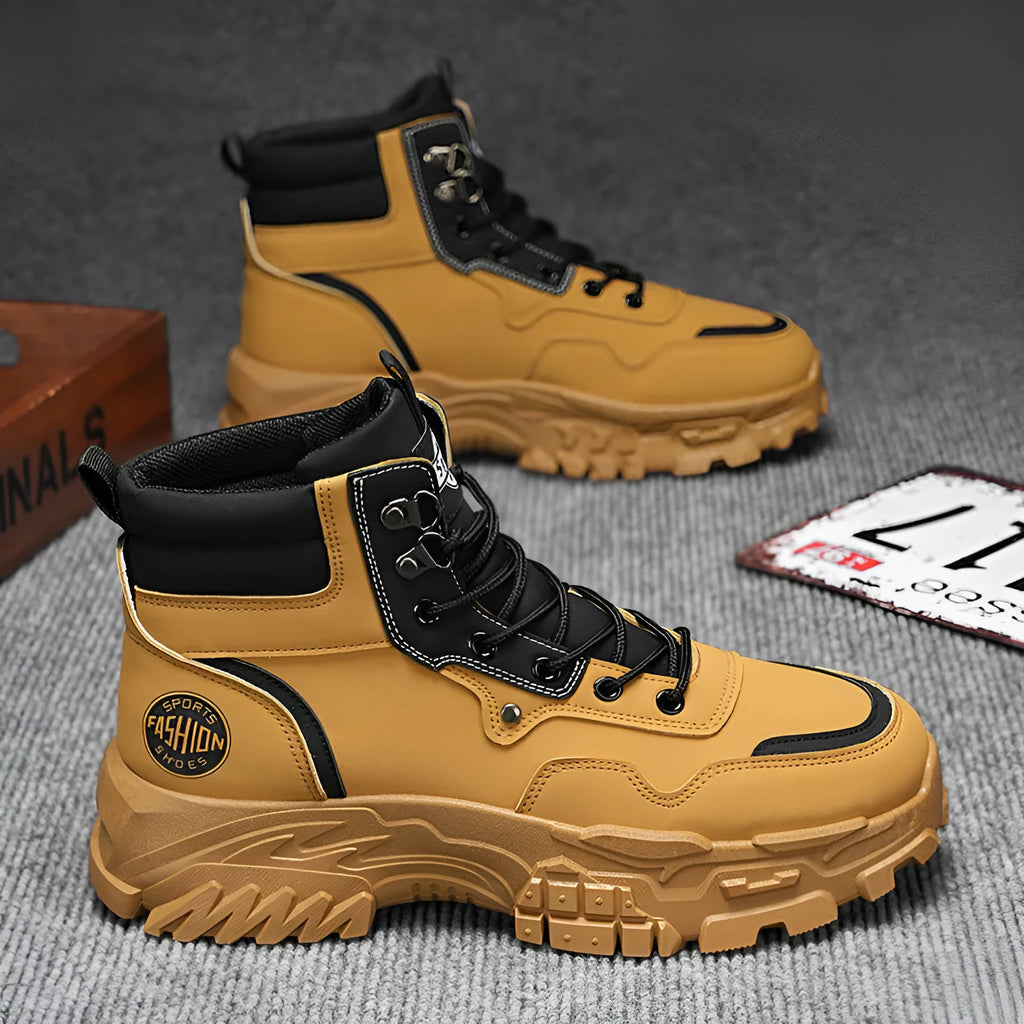 Men's black and yellow Martin boots with high-top design and injection moulded soles