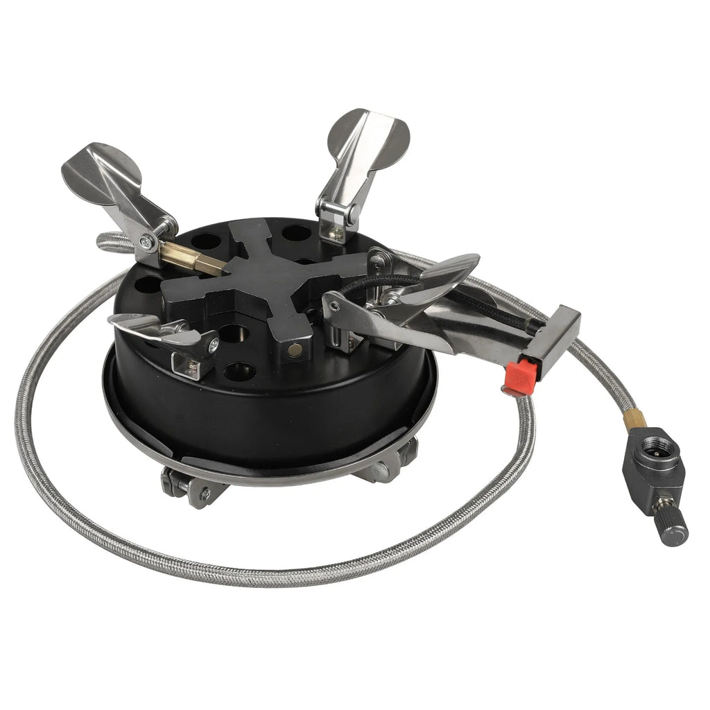 Silver portable split camping stove with stainless steel body and a long black hose, shown folded.