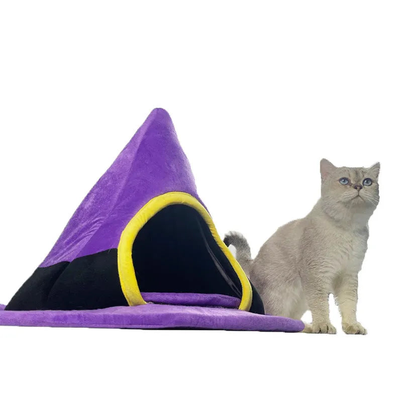 Purple Halloween witch hat shaped cat bed for cats measuring 60cm wide by 45cm high